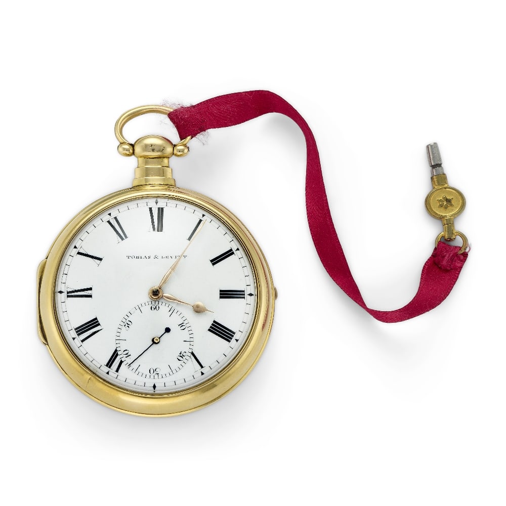 Tobias & Levitt, London. An 18K gold key wind pair case pocket watch with duplex escapement Lond...: Tobias & Levitt, London. An 18K gold key wind pair case pocket watch with duplex escapement Date: London Hallmark for 1823 Movement: Gilt full plate duplex, plain 3-arm balance, diamond end stone, No.