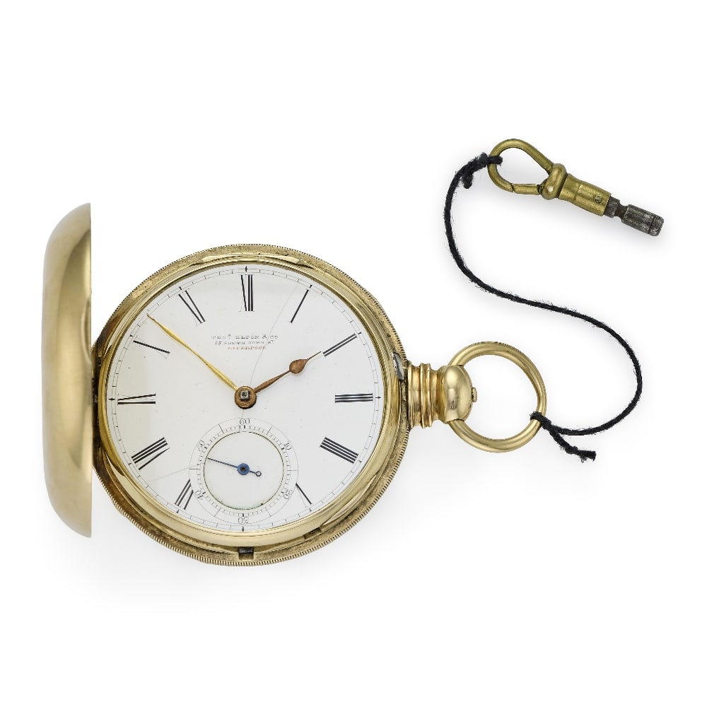 Thomas Eldon & Co, 15 South John Street, London. An 18K gold key wind full hunter pocket watch C...: Thomas Eldon & Co, 15 South John Street, London. An 18K gold key wind full hunter pocket watch Date: Circa 1850 Movement: Gilt full plate English lever, cut and compensated bi-metallic balance, diamon