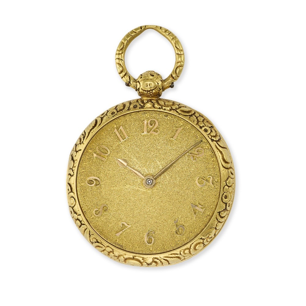An 18K gold key wind open face pocket watch converted by George Oram & Son Circa 1860 (Hallmark ...: An 18K gold key wind open face pocket watch converted by George Oram & Son Date: Circa 1860 (Hallmark rubbed) Movement: Converted to English lever, plain 3-arm balance, pierced and engraved balance co