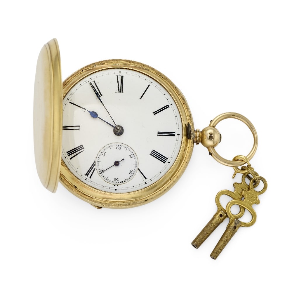 Hawley & Co, Regent Street, London. An 18K gold key wind full hunter pocket watch London Hallmar...: Hawley & Co, Regent Street, London. An 18K gold key wind full hunter pocket watch Date: London Hallmark for 1884 Movement: Gilt full plate English lever, cut and compensated bi-metallic balance, No.24