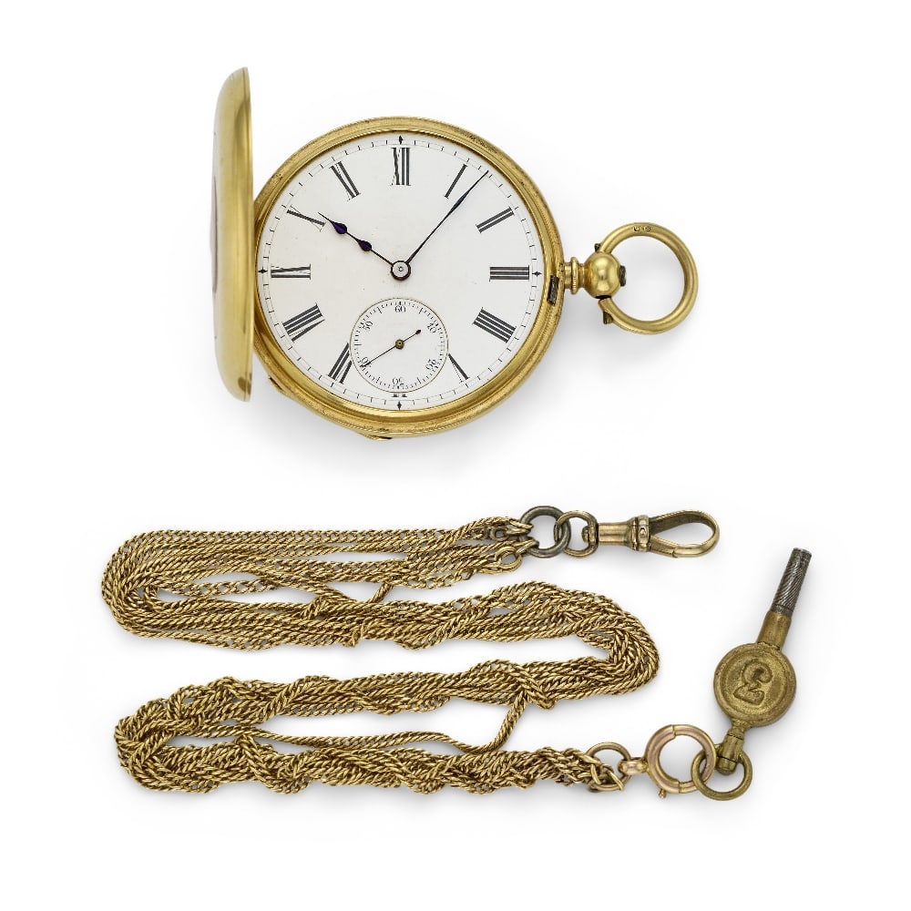 An 18K gold key wind half hunter pocket watch with gold chain Circa 1850 (1 of 1)