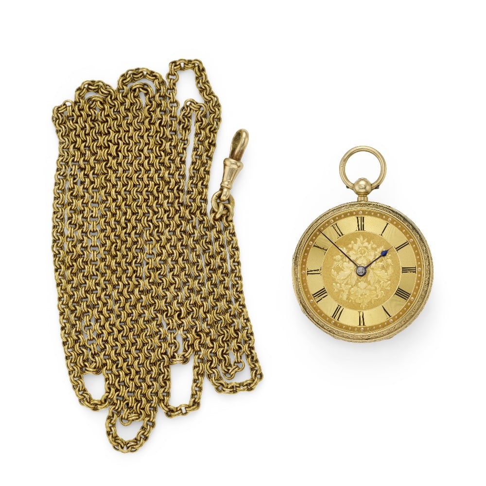 E.W Streeter, 18 New Bond Street, London. An 18K gold key wind open face pocket watch with 18K g...: E.W Streeter, 18 New Bond Street, London. An 18K gold key wind open face pocket watch with 18K gold chain Date: London Hallmark for 1877 Movement: Gilt full plate, plain 3-arm balance, No.5063 Dial: G