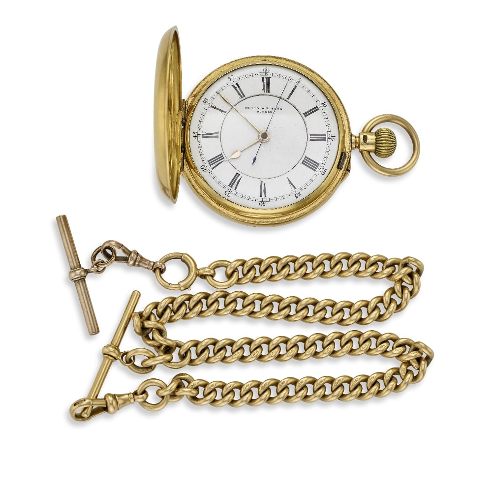 Whytock & Sons, Dundee. An 18K gold keyless wind full hunter pocket watch with 18K gold chain Lo...: Whytock & Sons, Dundee. An 18K gold keyless wind full hunter pocket watch with 18K gold chain Date: London Hallmark for 1903 Movement: Gilt 3/4 plate English lever, cut and compensated bi-metallic bal