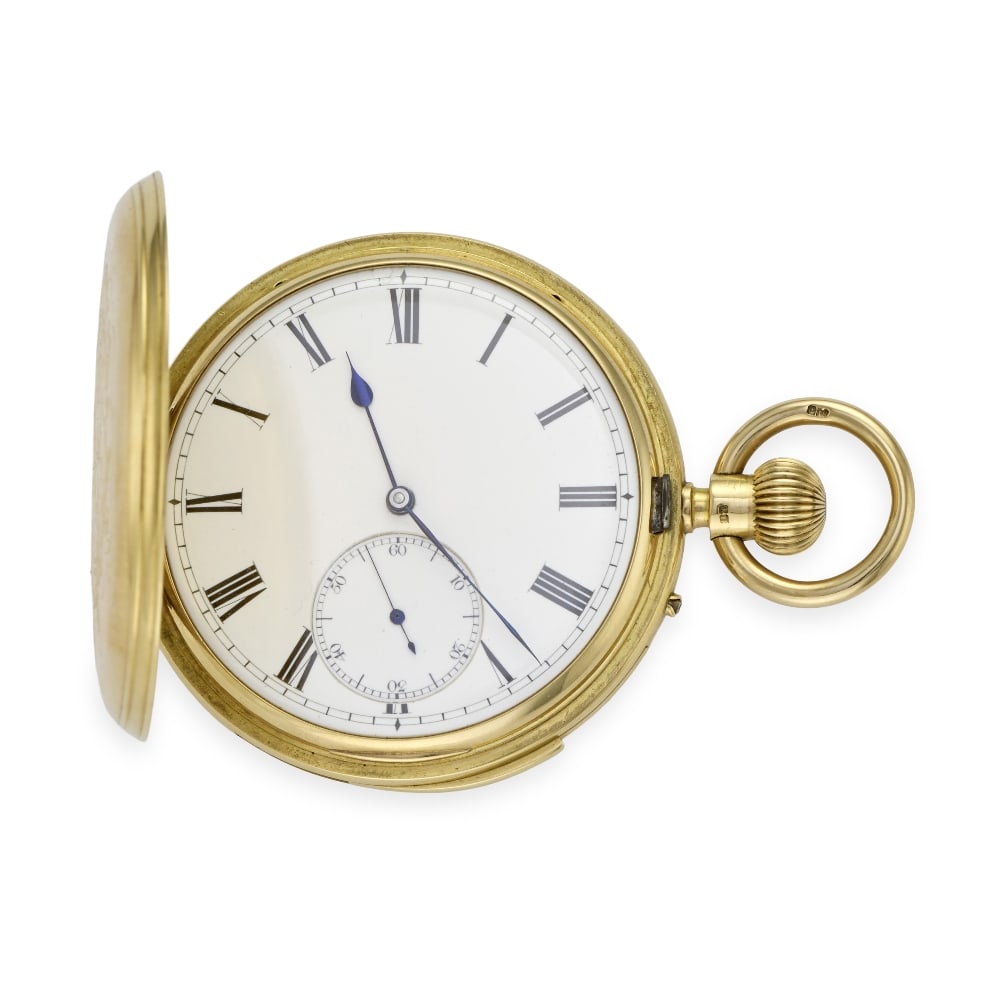 J. Levy & Son, 6 Wilmington Square, Clerkenwell, London. An 18K gold keyless wind half quarter r...: J. Levy & Son, 6 Wilmington Square, Clerkenwell, London. An 18K gold keyless wind half quarter repeating full hunter pocket watch Date: Chester Hallmark for 1902 Movement: Gilt 3/4 plate English lever