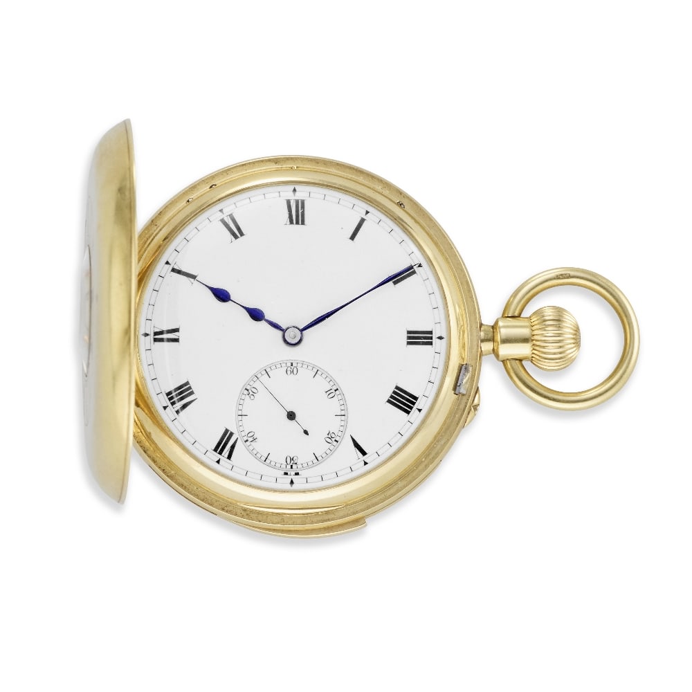 James Hoddell & Co, 13 Stanton Street, Coventry. An 18K gold keyless wind minute repeating half ...: James Hoddell & Co, 13 Stanton Street, Coventry. An 18K gold keyless wind minute repeating half hunter pocket watch Date: London Hallmark for 1896 Movement: Gilt 3/4 plate English lever, cut and compe
