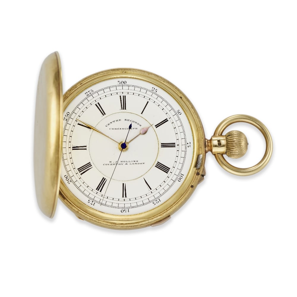 E.J Hollins, Coventry & London. An 18K gold keyless wind full hunter pocket watch Chester Hallma...: E.J Hollins, Coventry & London. An 18K gold keyless wind full hunter pocket watch Date: Chester Hallmark for 1894 Movement: Gilt 3/4 plate English lever, cut and compensated bi-metallic balance, No.99