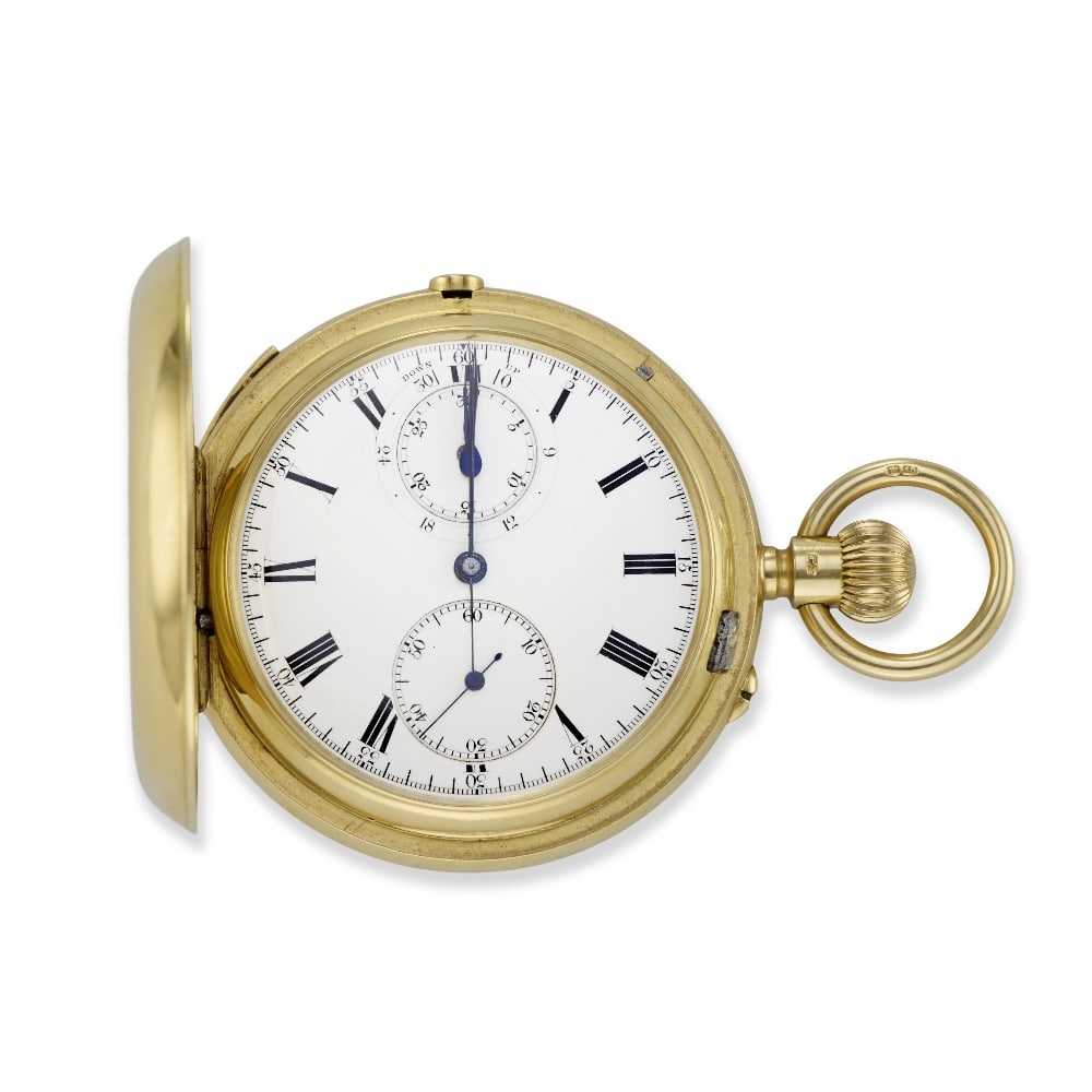An 18K gold keyless wind full hunter minute repeating chronograph pocket watch with up/down indi...: An 18K gold keyless wind full hunter minute repeating chronograph pocket watch with up/down indication Date: London Hallmark for 1901 Movement: Gilt 3/4 plate English lever, cut and compensated bi-met