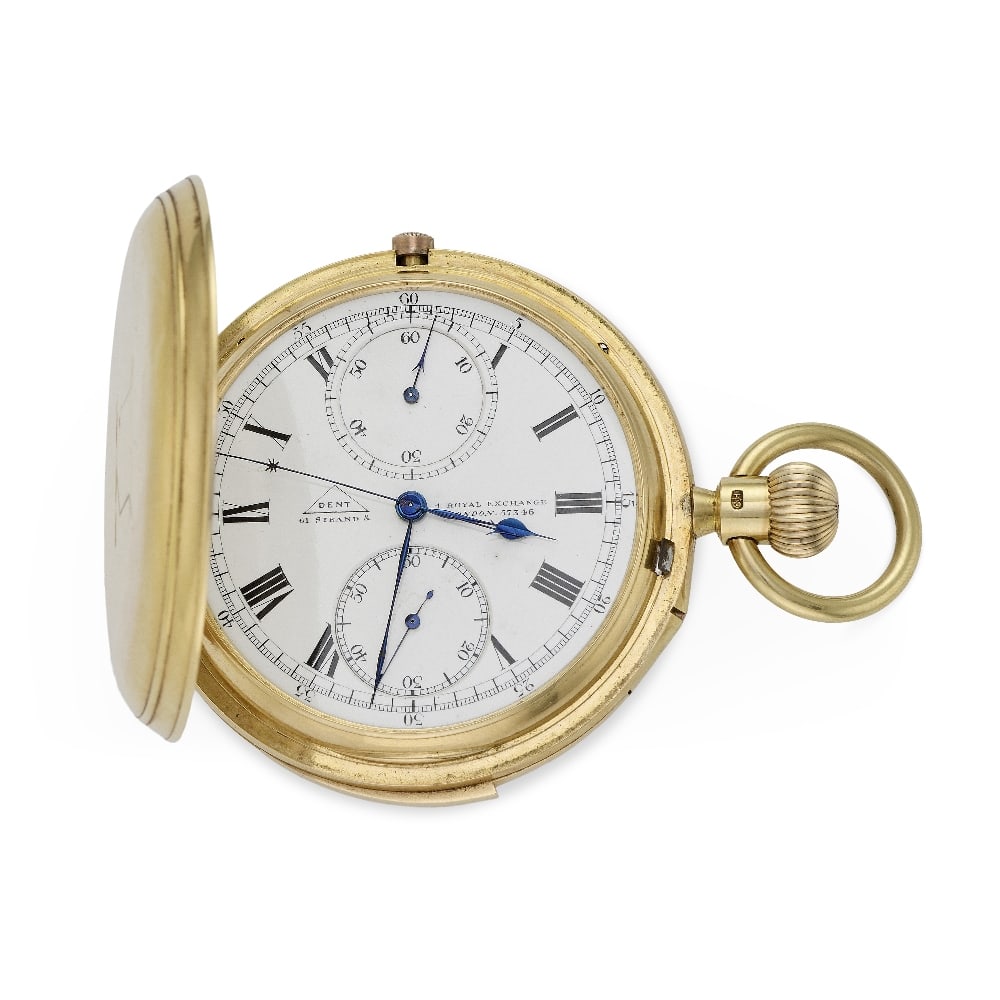 Dent, 61 Strand, London. An 18K gold keyless wind full hunter minute repeating chronograph pocke...: Dent, 61 Strand, London. An 18K gold keyless wind full hunter minute repeating chronograph pocket watch Date: London Hallmark for 1910 Movement: English lever, cut and compensated bi-metallic balance,