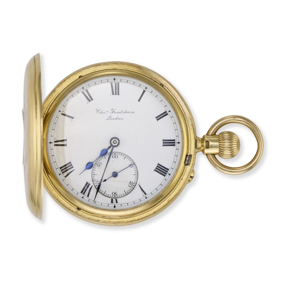 Charles Frodsham, 115 New Bond Street, London. An 18K gold keyless wind half hunter pocket watch...: Charles Frodsham, 115 New Bond Street, London. An 18K gold keyless wind half hunter pocket watch Date: London Hallmark for 1897 Movement: Gilt 3/4 plate English lever, cut and compensated bi-metallic 