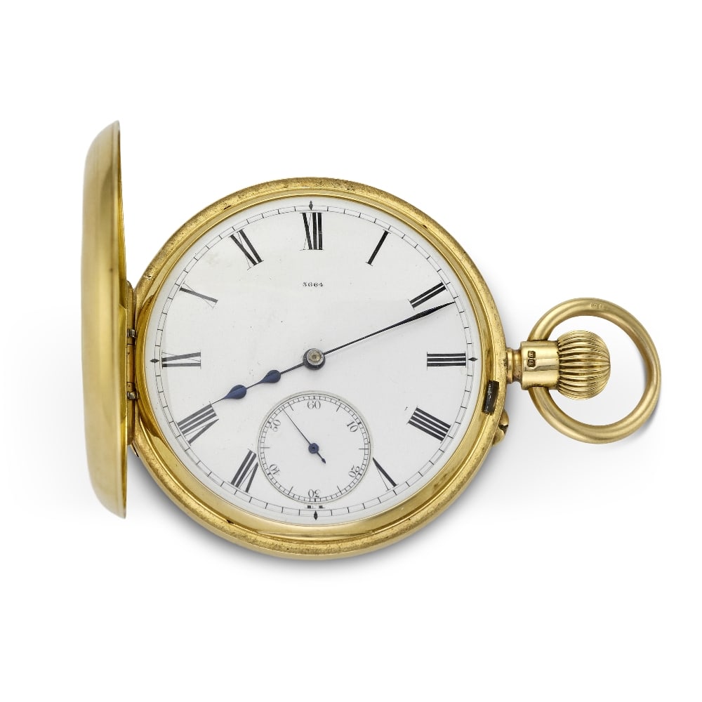 Army & Navy Cooperative Society, 117 Victoria Street London. An 18K gold keyless wind half hunte...: Army & Navy Cooperative Society, 117 Victoria Street London. An 18K gold keyless wind half hunter pocket watch Date: London Hallmark for 1886 Movement: Gilt 3/4 plate English lever, cut and compensate
