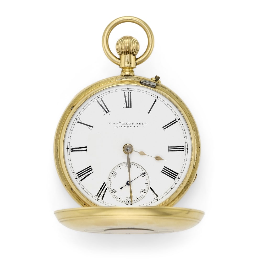 Thomas Blundell, Liverpool. An 18K gold keyless wind half hunter pocket watch Circa 1880: Thomas Blundell, Liverpool. An 18K gold keyless wind half hunter pocket watch Date: Circa 1880 Movement: Gilt full plate, plain 3-arm balance, No.19612 Dial: White, black Roman numeral hour markers, b