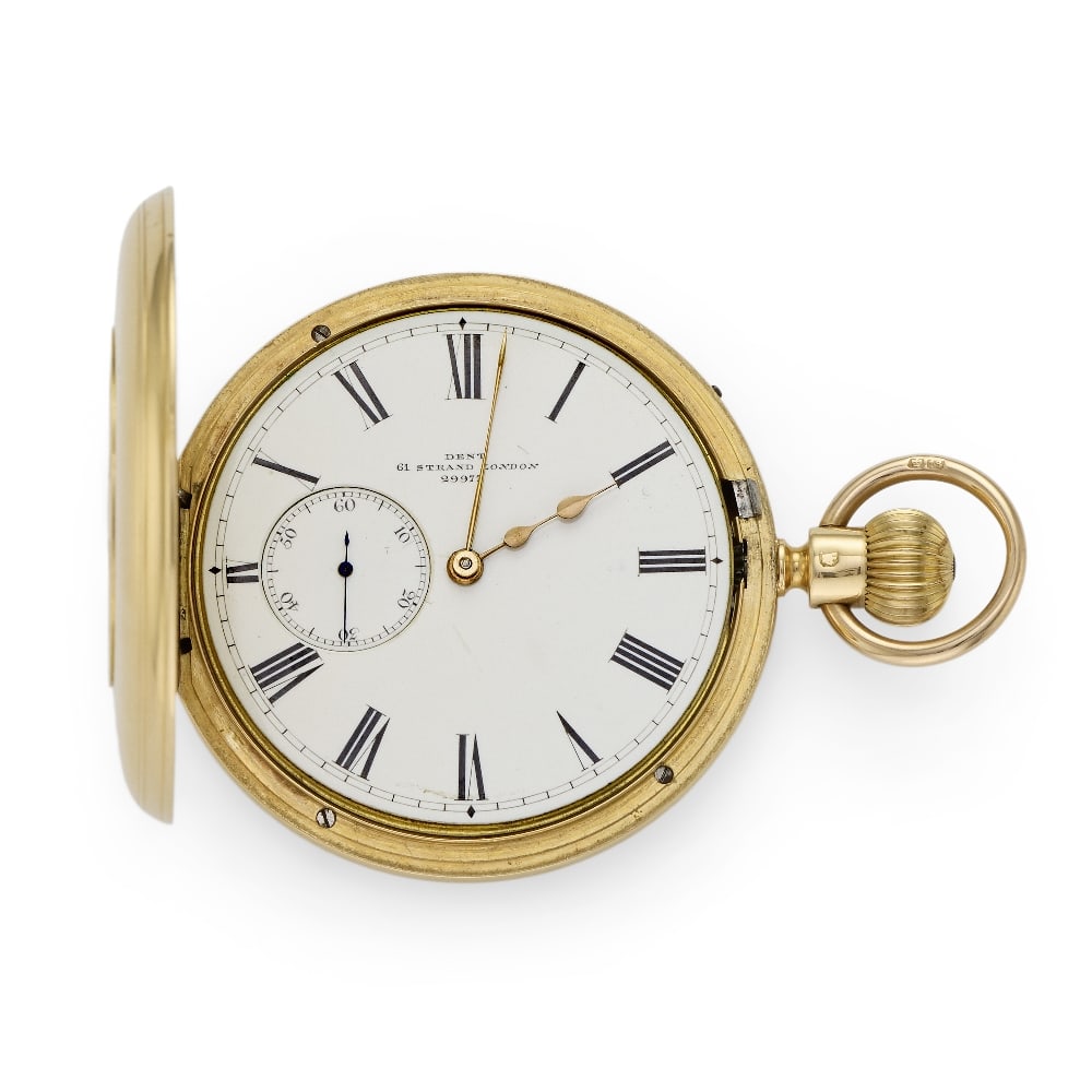 Dent, 61 Strand, London. An 18K gold keyless wind half hunter pocket watch with duplex escapemen... (1 of 1)