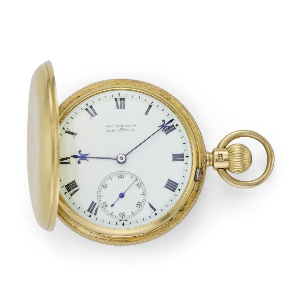 Charles Frodsham, 84 Strand, London. An 18K gold keyless wind full hunter pocket watch London Ha...: Charles Frodsham, 84 Strand, London. An 18K gold keyless wind full hunter pocket watch Date: London Hallmark for 1880 Movement: Gilt 3/4 plate English lever, cut and compensated bi-metallic balance, d