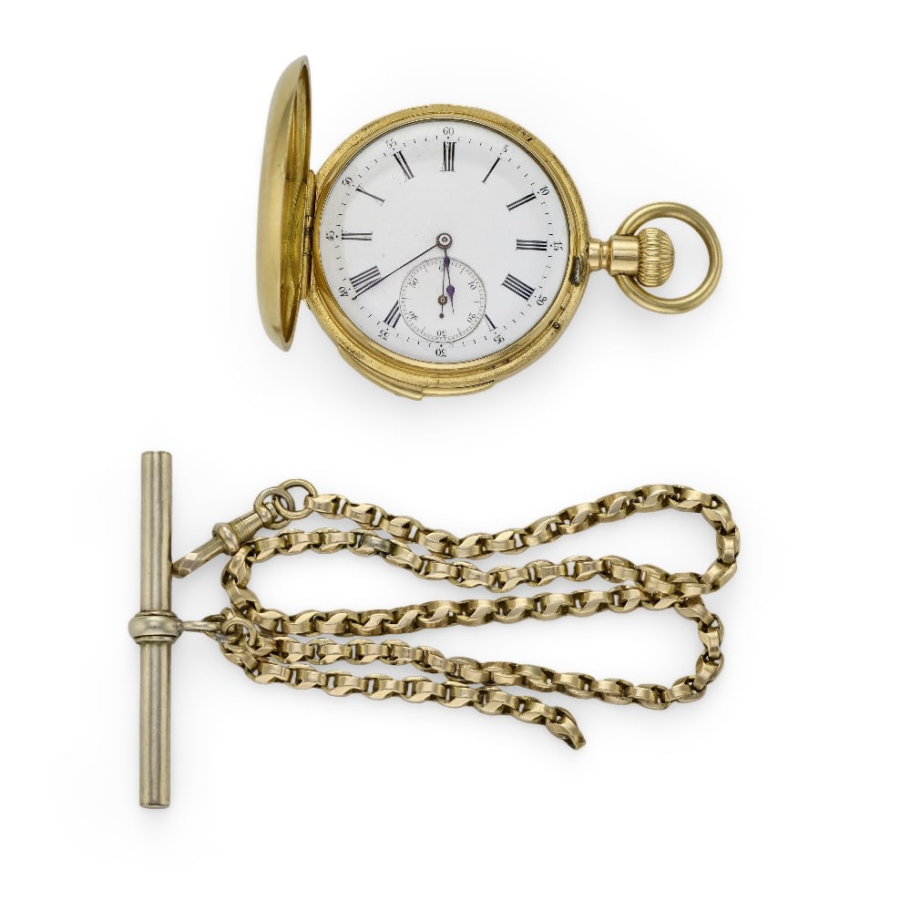 Le Roy & Fils. An 18K gold keyless wind half hunter quarter repeating pocket watch with 9K gold ...: Le Roy & Fils. An 18K gold keyless wind half hunter quarter repeating pocket watch with 9K gold chain Date: Circa 1890 Movement: Swiss lever, cut and compensated bi-metallic balance, wolf's tooth wind