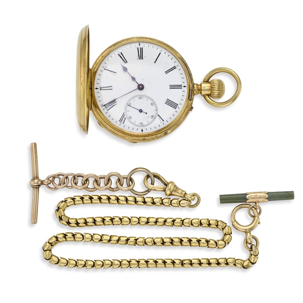 An 18K gold keyless wind half hunter pocket watch with 9K and 18K gold chains Circa 1900: An 18K gold keyless wind half hunter pocket watch with 9K and 18K gold chains Date: Circa 1900 Movement: Swiss lever, cut and compensated bi-metallic balance, wolf's tooth winding Dial: White, black R