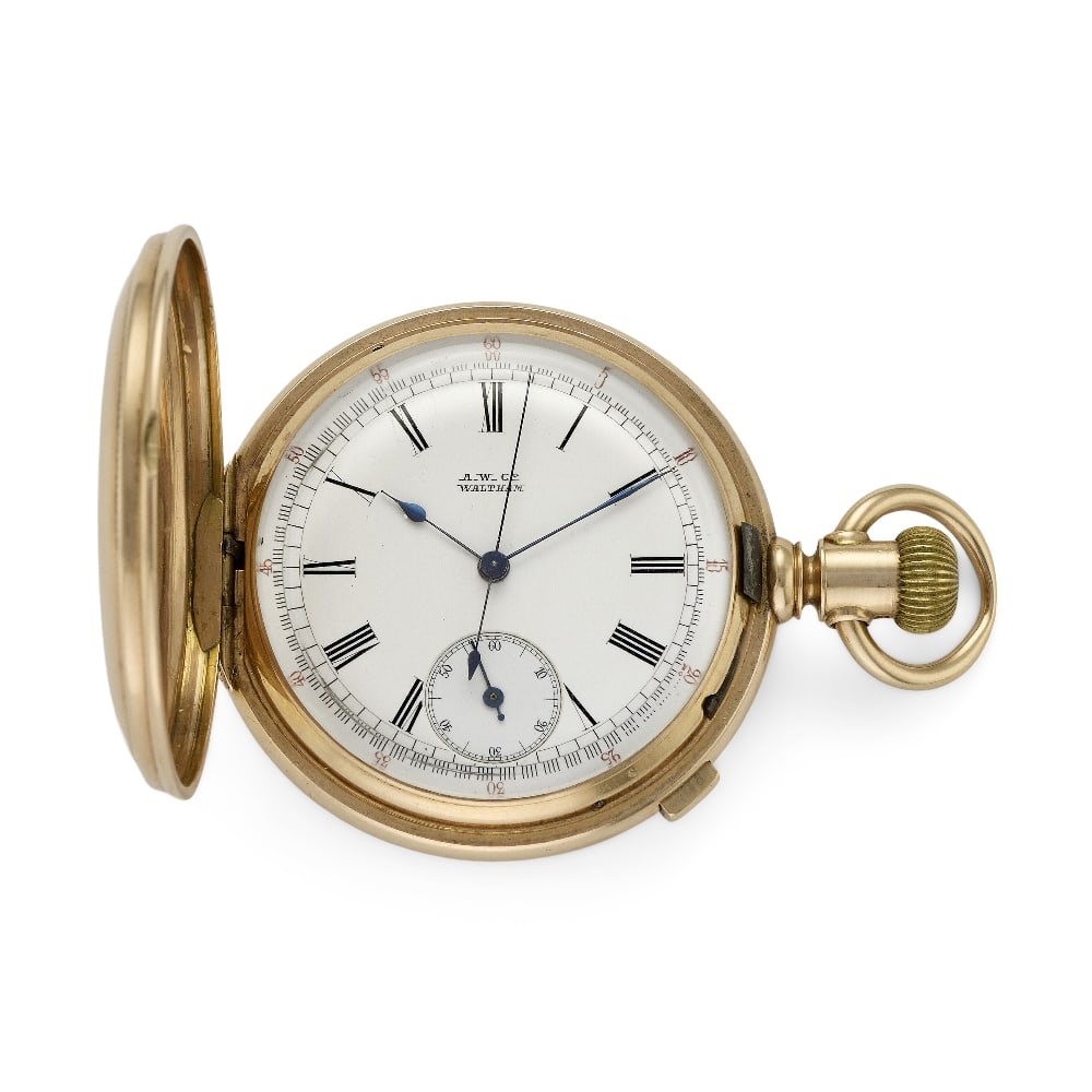 Waltham. A 14K gold keyless wind full hunter chronograph pocket watch Circa 1880: Waltham. A 14K gold keyless wind full hunter chronograph pocket watch Date: Circa 1880 Movement: Swiss lever, cut and compensated bi-metallic balance, No.1583172 Dial: White, black Roman numeral hour 