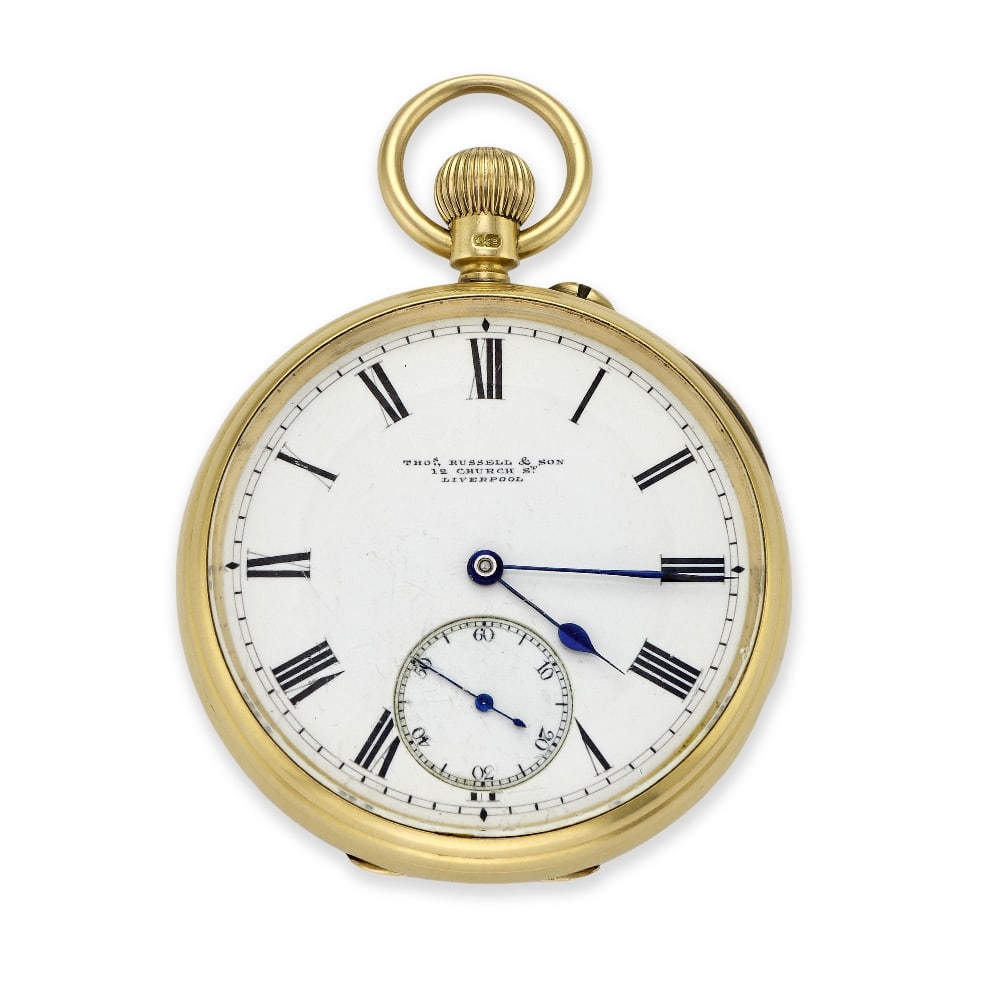 Thomas Russell & Son, 12 Church Street, Liverpool. An 18K gold keyless wind open face pocket wat...: Thomas Russell & Son, 12 Church Street, Liverpool. An 18K gold keyless wind open face pocket watch Date: Chester Hallmark for 1902 Movement: Gilt 3/4 plate English lever, cut and compensated bi-metall