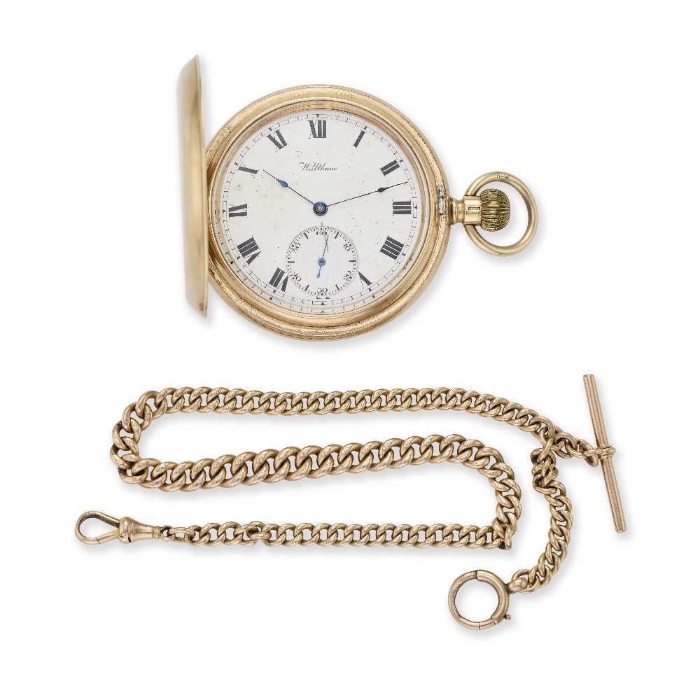 Waltham. A 9K gold keyless wind full hunter pocket watch with 9K gold chain Chester Hallmark for...: Waltham. A 9K gold keyless wind full hunter pocket watch with 9K gold chain Date: Chester Hallmark for 1920 Movement: Swiss lever, cut and compensated bi-metallic balance, No.22832605 Dial: White, bla