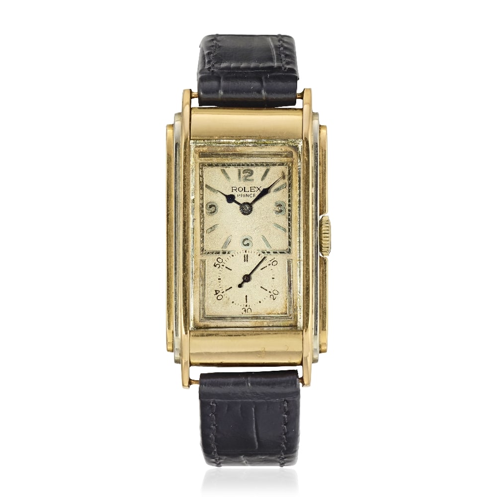 Rolex. A two colour 18K gold manual wind wristwatch Prince, Ref: 1527, Circa 1930: Rolex. A two colour 18K gold manual wind wristwatch Model: Prince Reference: 1527 Date: Circa 1930 Movement: 15-jewel manual wind, No.74013 Dial: Silvered, applied polished baton hour markers, Arabic 