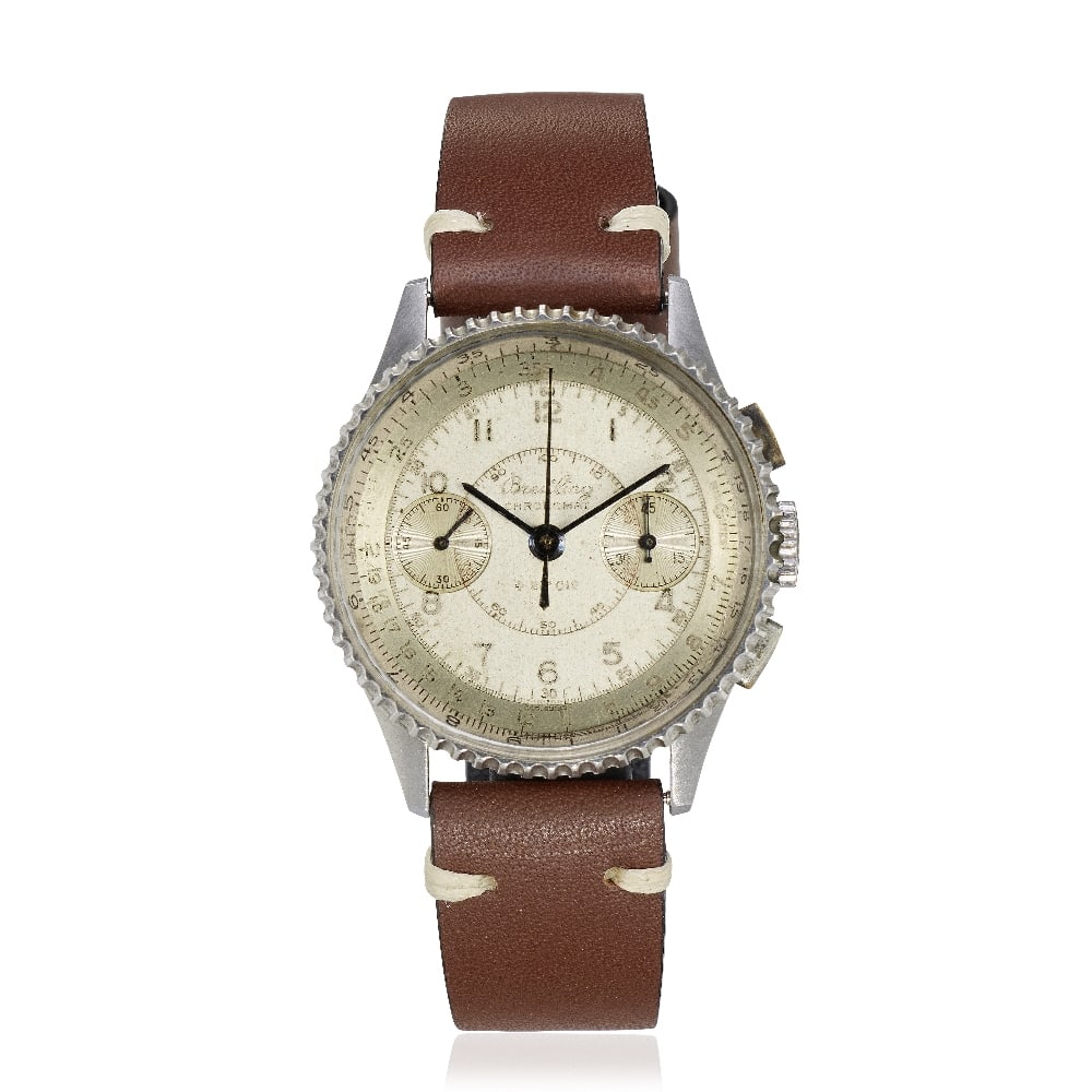 Breitling. A stainless steel manual wind chronograph wristwatch Chronomat, Circa 1940: Breitling. A stainless steel manual wind chronograph wristwatch Model: Chronomat Date: Circa 1940 Movement: Jewelled manual wind, column wheel chronograph Dial: Silvered, black Arabic numeral hour mar
