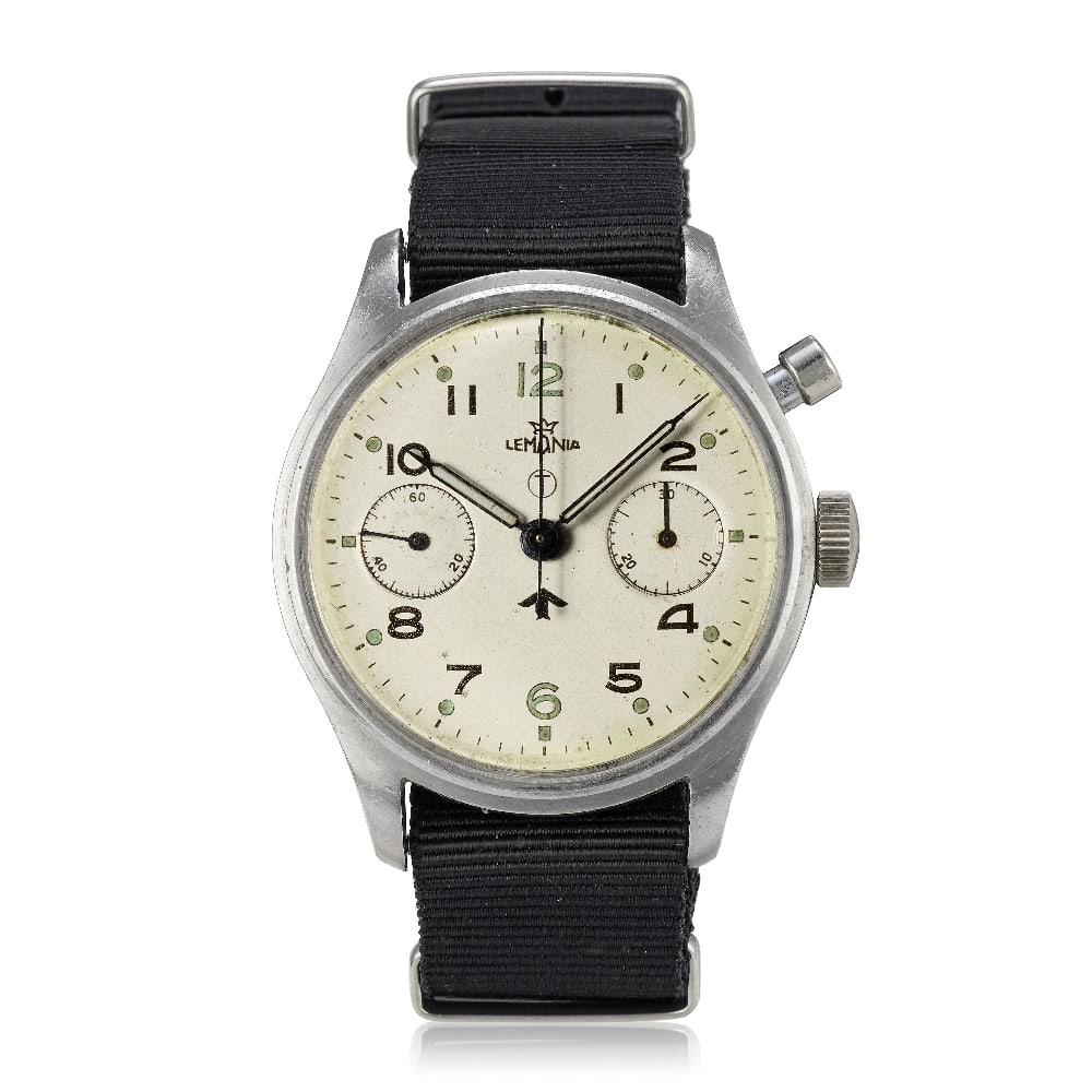 Lemania. A stainless steel military issue manual wind single button chronograph wristwatch Circa...: Lemania. A stainless steel military issue manual wind single button chronograph wristwatch Date: Circa 1950 Movement: Jewelled manual wind, column wheel chronograph Dial: Silvered, Broad Arrow, tritiu