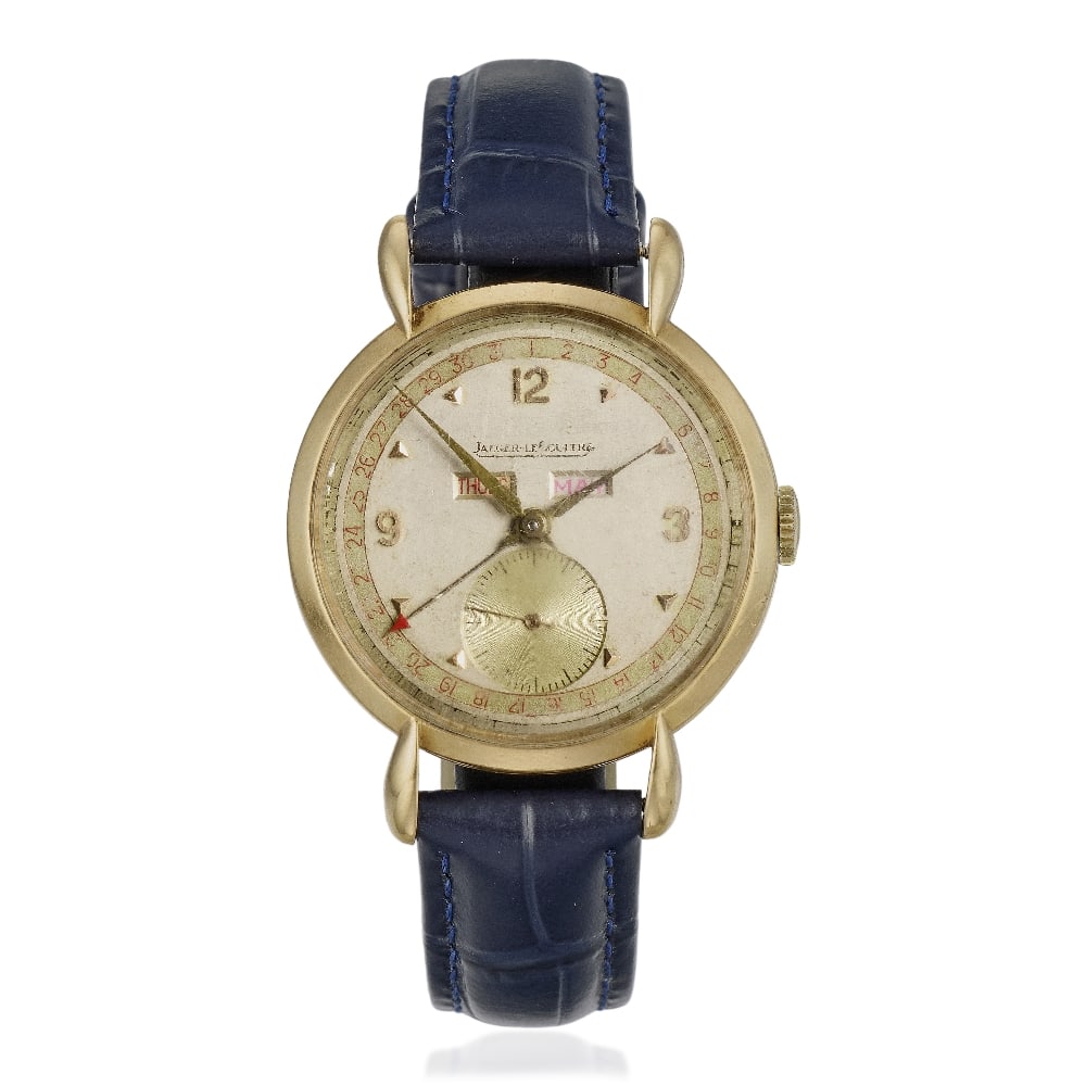 Jaeger-LeCoultre. An 18K rose gold manual wind triple calendar wristwatch Circa 1945: Jaeger-LeCoultre. An 18K rose gold manual wind triple calendar wristwatch Date: Circa 1945 Movement: Jewelled Cal.P484/A manual wind, No.377194 Dial: Silvered, applied rose gilt pyramid hour markers w
