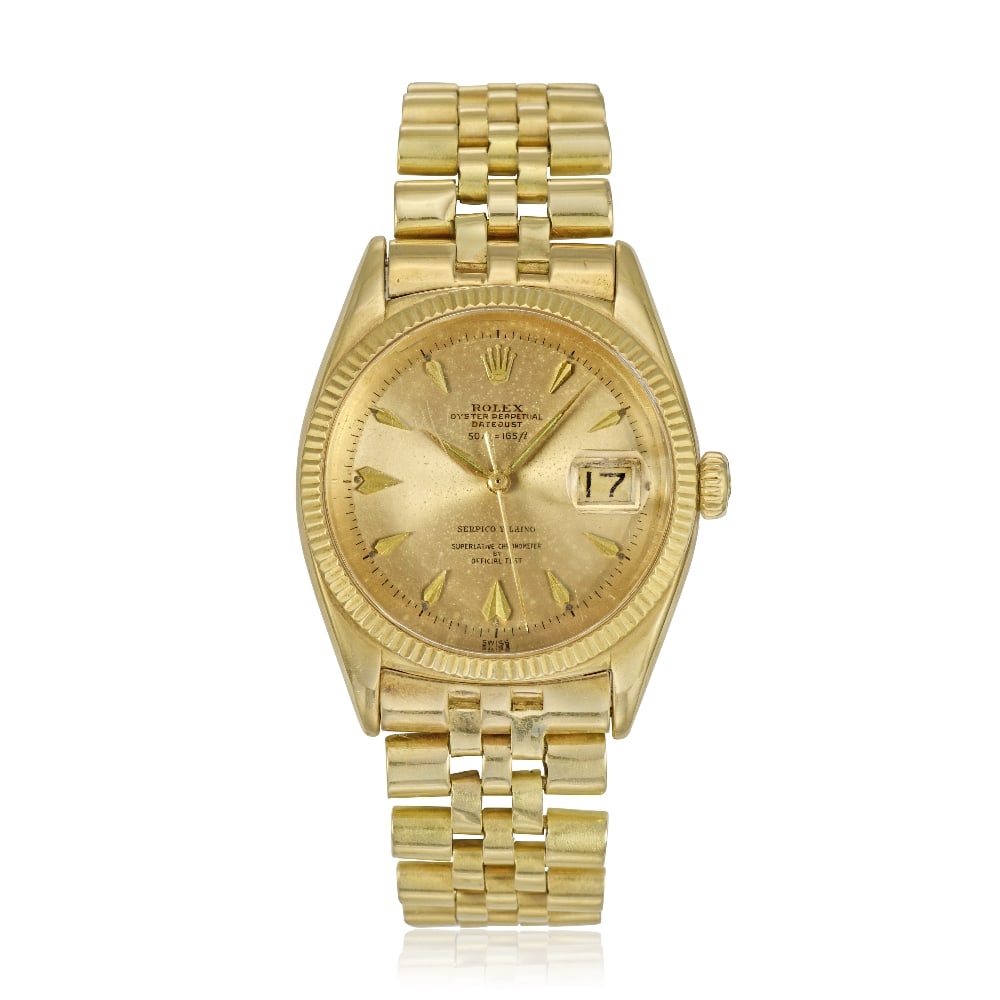 Rolex. A fine and rare 18K gold automatic calendar bracelet watch with depth rating and 'Superla...: Rolex. A fine and rare 18K gold automatic calendar bracelet watch with depth rating and 'Superlative Chronometer By Official Test' dial retailed by Serpico Y Laino Model: Datejust Reference: 6605 Date