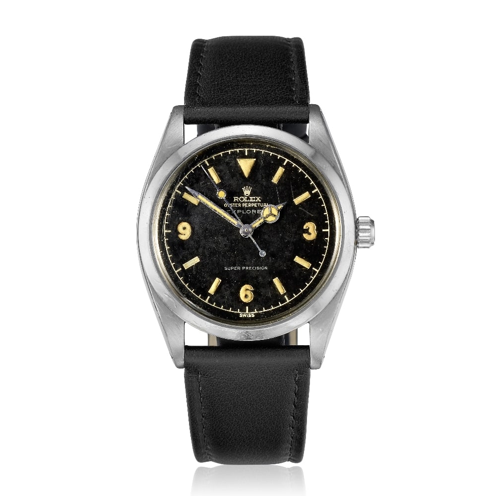 Rolex. A stainless steel automatic wristwatch Explorer, Ref: 5504, Circa 1958: Rolex. A stainless steel automatic wristwatch Model: Explorer Reference: 5504 Date: Circa 1958 Movement: 25-jewel Cal.1530 automatic, No.19403 Dial: Black, applied luminous baton hour markers with Ara
