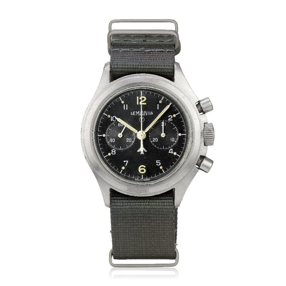 Lemania. A rare stainless steel military issue manual wind chronograph wristwatch Ref: 818, Circ...: Lemania. A rare stainless steel military issue manual wind chronograph wristwatch Reference: 818 Date: Circa 1975 Movement: 17-jewel Cal.1872 manual wind Dial: Black, broad arrow, tritium T, white Ara