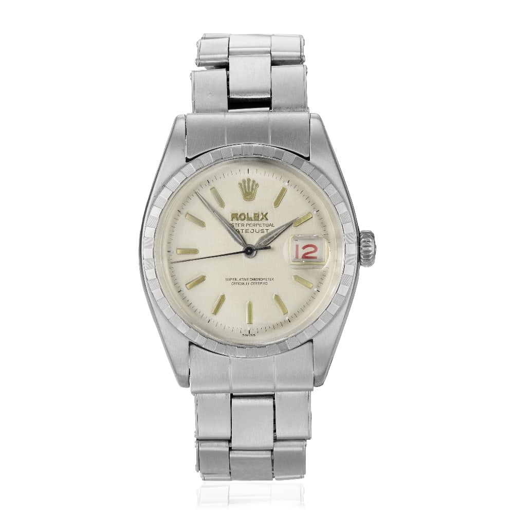 Rolex. A stainless steel automatic calendar bracelet watch with roulette date wheel Datejust 'O...: Rolex. A stainless steel automatic calendar bracelet watch with roulette date wheel Model: Datejust 'Ovettone' Reference: 6305 2 Date: Circa 1954 Movement: 18-jewel automatic, No.00479 Dial: Silvered,