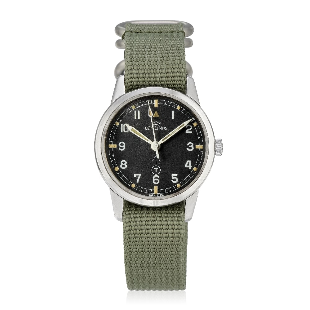 Lemania. A very rare stainless steel military manual wind wristwatch issued to the Royal Navy D...: Lemania. A very rare stainless steel military manual wind wristwatch issued to the Royal Navy Model: Dive Supervisor Date: Circa 1965 Movement: 17-jewel Cal.3060 manual wind, No.1638871 Dial: Black, b