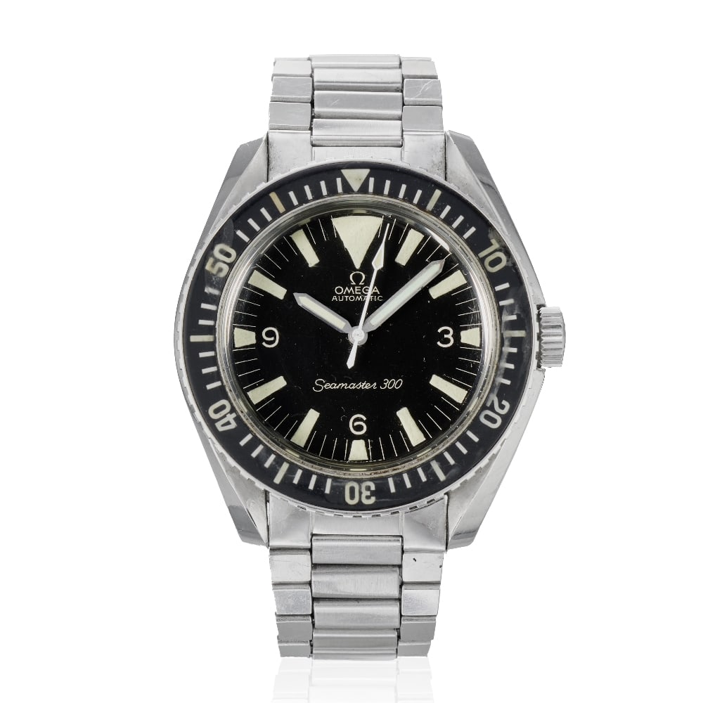 Omega. A stainless steel automatic calendar bracelet watch Seamaster 300, Ref: 165.024-64, Circ...: Omega. A stainless steel automatic calendar bracelet watch Model: Seamaster 300 Reference: 165.024-64 Date: Circa 1966 Movement: 24-jewel Cal.552 automatic, No.23475710 Dial: Black, luminous baton hou