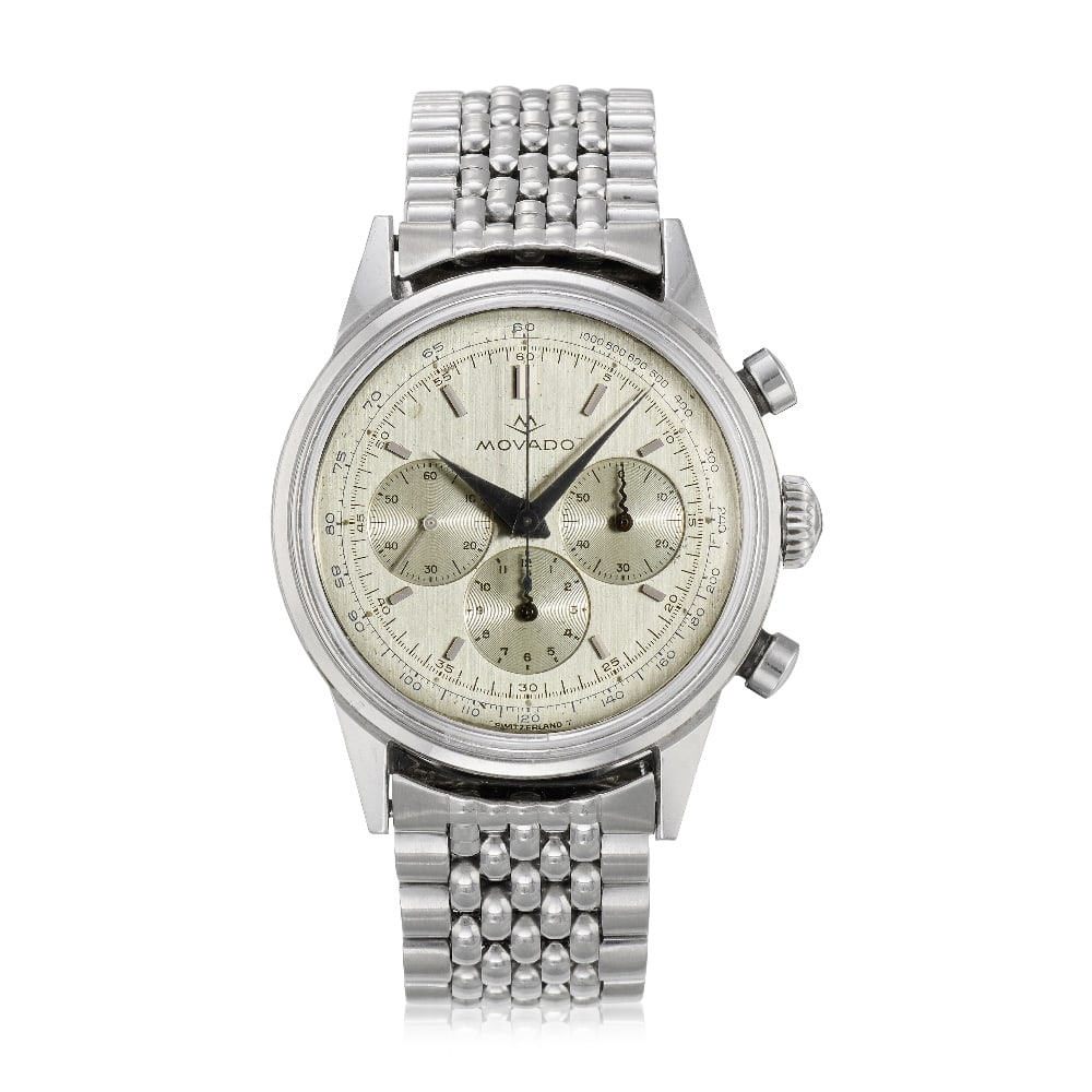 Movado. A stainless steel manual wind chronograph bracelet watch Sub-Sea, Ref: 19068, Circa 1960: Movado. A stainless steel manual wind chronograph bracelet watch Model: Sub-Sea Reference: 19068 Date: Circa 1960 Movement: 17-jewel Cal.M95 manual wind, column wheel chronograph Dial: Silvered, appli