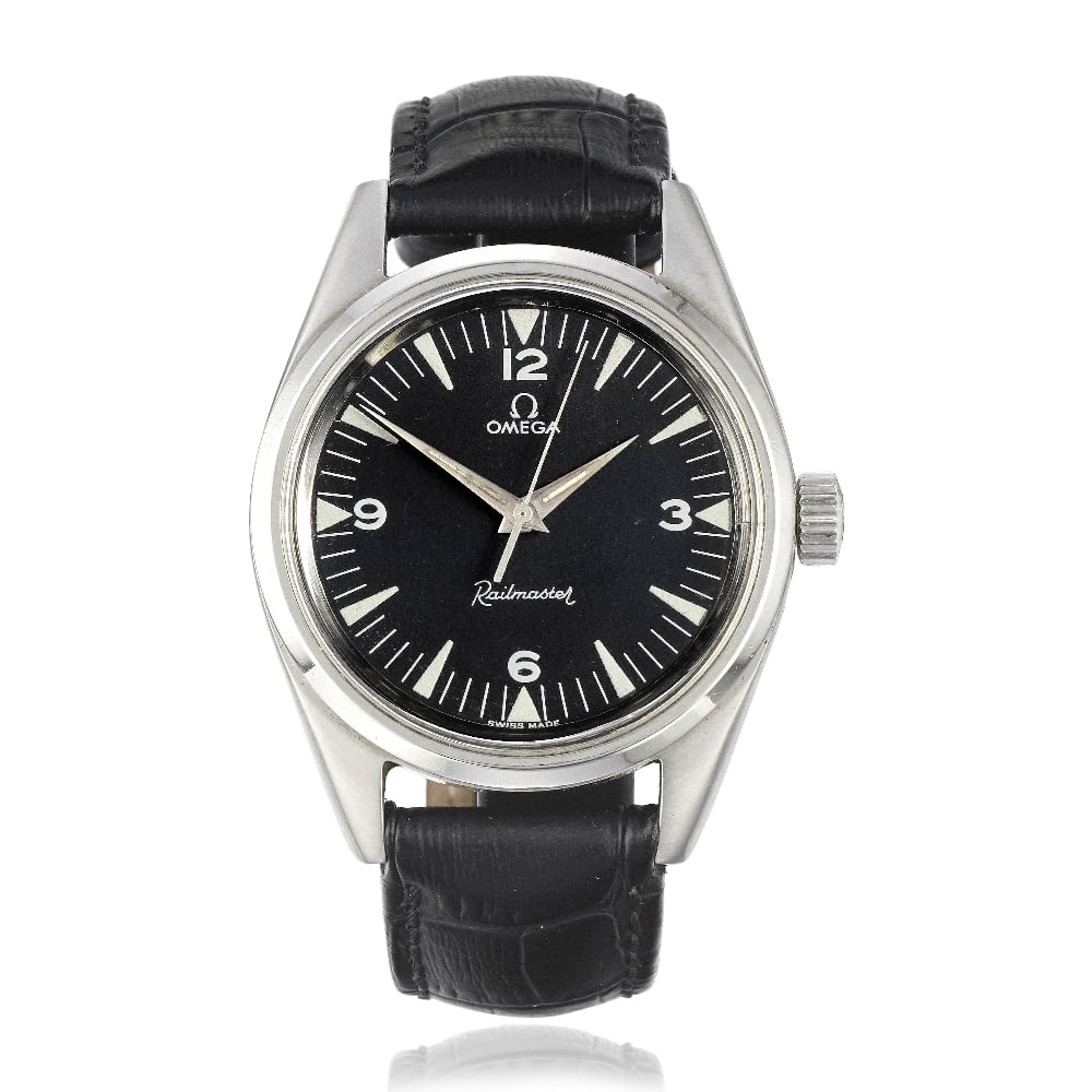 Omega. A stainless steel manual wind wristwatch Railmaster, Ref: 2914-4, Circa 1960: Omega. A stainless steel manual wind wristwatch Model: Railmaster Reference: 2914-4 Date: Circa 1960 Movement: 17-jewel Cal.284 manual wind, No.17088257 Dial: Black, luminous dart hour markers with Ar