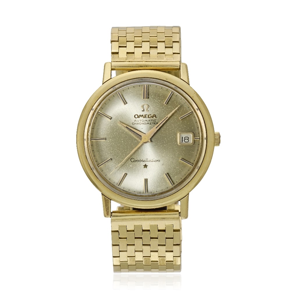 Omega. An 18K gold automatic calendar bracelet watch Constellation, Ref: 1685004, Birmingham Ha...: Omega. An 18K gold automatic calendar bracelet watch Model: Constellation Reference: 1685004 Date: Birmingham Hallmark for 1963 Movement: 24-jewel Cal.561 automatic, No.20060242 Dial: Silvered, applie