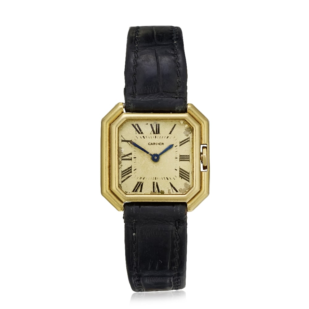 Cartier. An 18K gold manual wind wristwatch Ceinture, London Import mark for 1980: Cartier. An 18K gold manual wind wristwatch Model: Ceinture Date: London Import mark for 1980 Movement: 17-jewel Cal.78-1 manual wind Dial: Silvered, black Roman numeral hour markers, black inner minu