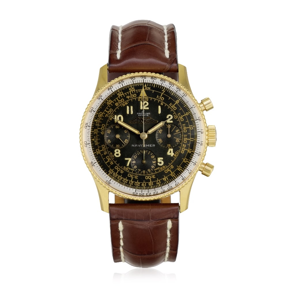 Breitling. A gold plated stainless steel manual wind chronograph wristwatch Navitimer, Ref: 806...: Breitling. A gold plated stainless steel manual wind chronograph wristwatch Model: Navitimer Reference: 806 Date: Circa 1961 Movement: 17-jewel Venus Cal.178 manual wind, column wheel chronograph Dial