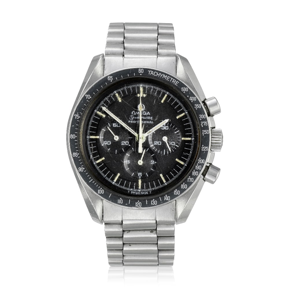 Omega. A stainless steel manual wind chronograph bracelet watch Speedmaster Professional, Ref: ...: Omega. A stainless steel manual wind chronograph bracelet watch Model: Speedmaster Professional Reference: 145.022-69 Date: Circa 1973 Movement: 17-jewel Cal.861 manual wind, No.31611538 Dial: Black, 