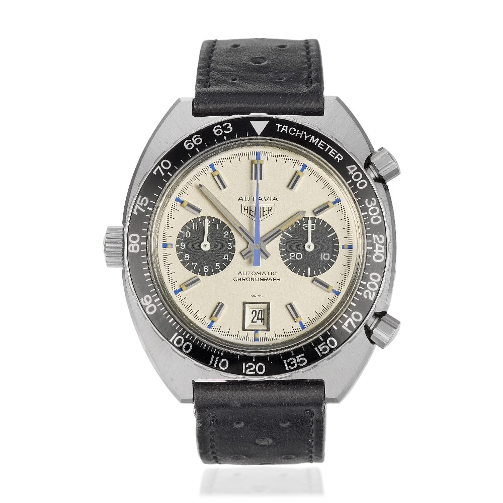 Heuer. A stainless steel automatic calendar chronograph wristwatch Autavia 'Jo Siffert', Ref: 11...: Heuer. A stainless steel automatic calendar chronograph wristwatch Model: Autavia 'Jo Siffert' Reference: 1163 Date: Circa 1975 Movement: 17-jewel Cal.11 automatic Dial: Cream textured, applied polish