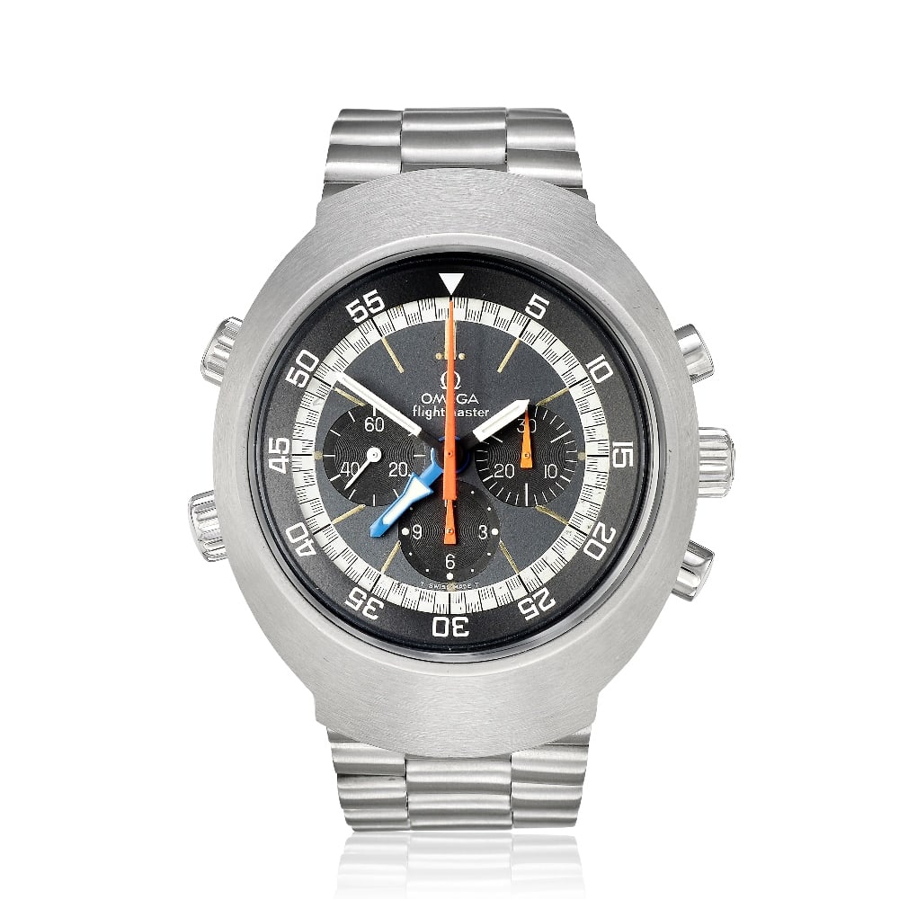 Omega. A recently serviced stainless steel manual wind chronograph bracelet watch Flightmaster,...: Omega. A recently serviced stainless steel manual wind chronograph bracelet watch Model: Flightmaster Reference: 145.026 Date: Circa 1970 Movement: 17-jewel Cal.911 manual wind, No.32026278 Dial: Grey