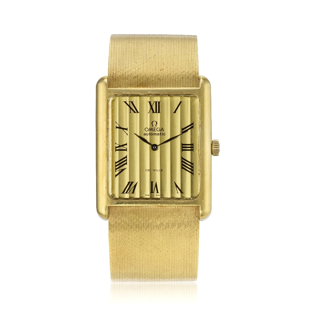 Omega. An 18K gold automatic bracelet watch De Ville, Ref: 151.0042, Circa 1973: Omega. An 18K gold automatic bracelet watch Model: De Ville Reference: 151.0042 Date: Circa 1973 Movement: 24-jewel Cal.711 automatic, No.35896507 Dial: Brushed champagne, black Roman numeral hour mar