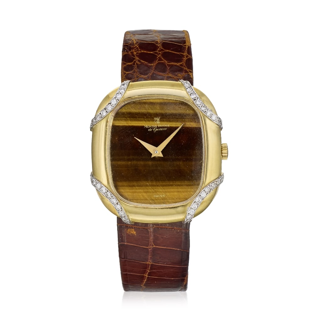 Montre Royale. An 18K gold diamond set manual wind bracelet watch with Tiger's Eye dial Ref: 324...: Montre Royale. An 18K gold diamond set manual wind bracelet watch with Tiger's Eye dial Reference: 3246 Date: London Hallmark for 1976 Movement: 17-jewel manual wind, No.21661 Dial: Tiger's Eye, gilt 