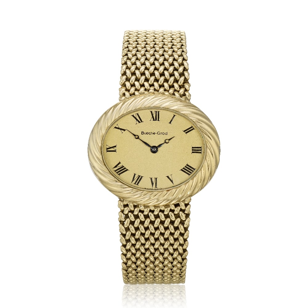 Bueche Girod. A 9K gold manual wind bracelet watch London Hallmark for 1976: Bueche Girod. A 9K gold manual wind bracelet watch Date: London Hallmark for 1976 Movement: 17-jewel manual wind Dial: Champagne, black Roman numeral hour markers, blued steel Breguet style hands Case