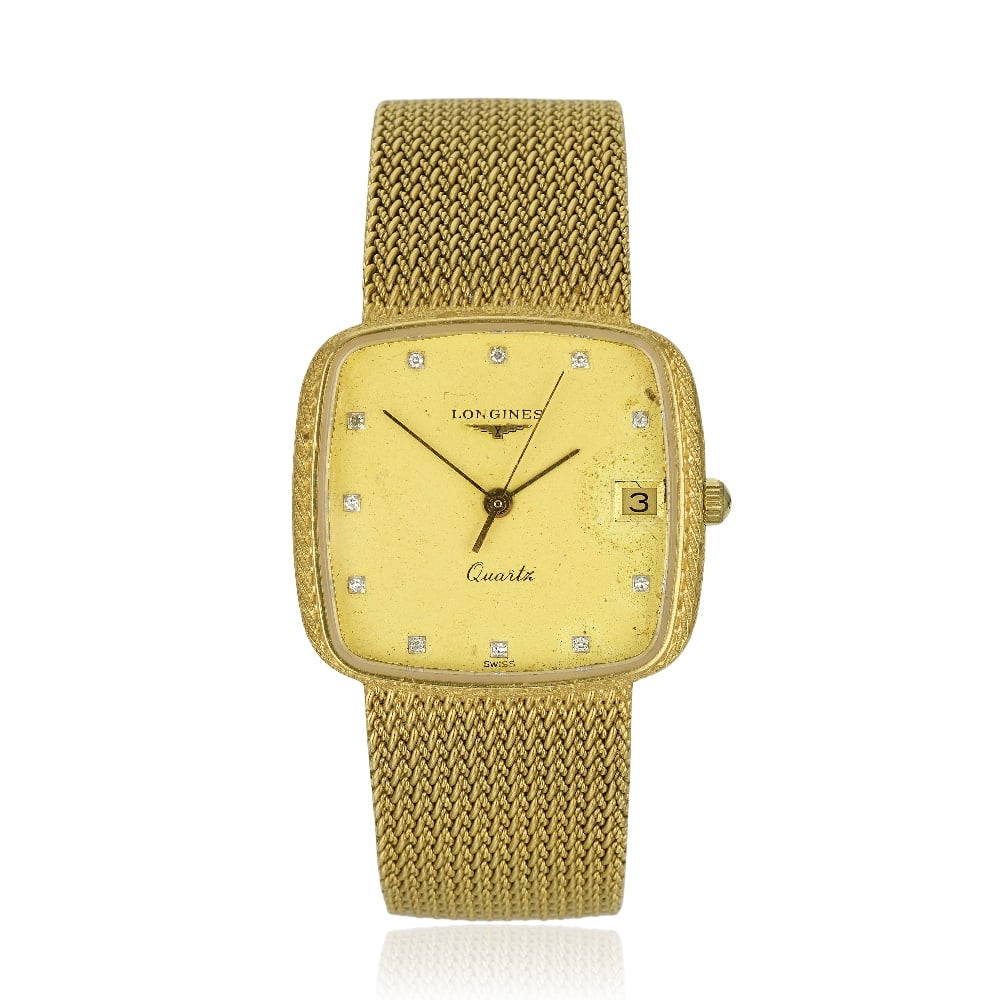 Longines. An 18K gold quartz calendar bracelet watch Circa 1980: Longines. An 18K gold quartz calendar bracelet watch Date: Circa 1980 Movement: Jewelled Cal.L970.2 quartz, No.55188835 Dial: Champagne, diamond set hour markers, date aperture at 3, gilt baton hands,