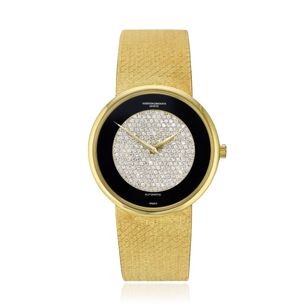 Vacheron Constantin. An 18K gold automatic bracelet watch with diamond set onyx dial Patrimony,...: Vacheron Constantin. An 18K gold automatic bracelet watch with diamond set onyx dial Model: Patrimony Reference: 44012 Date: Circa 1970 Movement: 36-jewel Cal.K1120 automatic, stamped with the Seal of