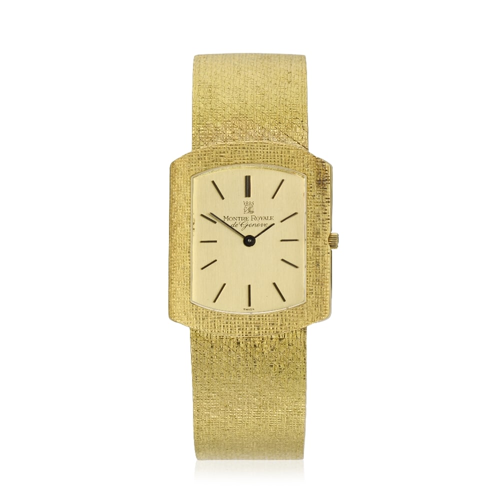 Montre Royale. An 18K gold manual wind bracelet watch Circa 1980: Montre Royale. An 18K gold manual wind bracelet watch Date: Circa 1980 Movement: Jewelled manual wind Dial: Champagne, applied black baton hour markers, black pointed baton hands Case: Brushed and pol