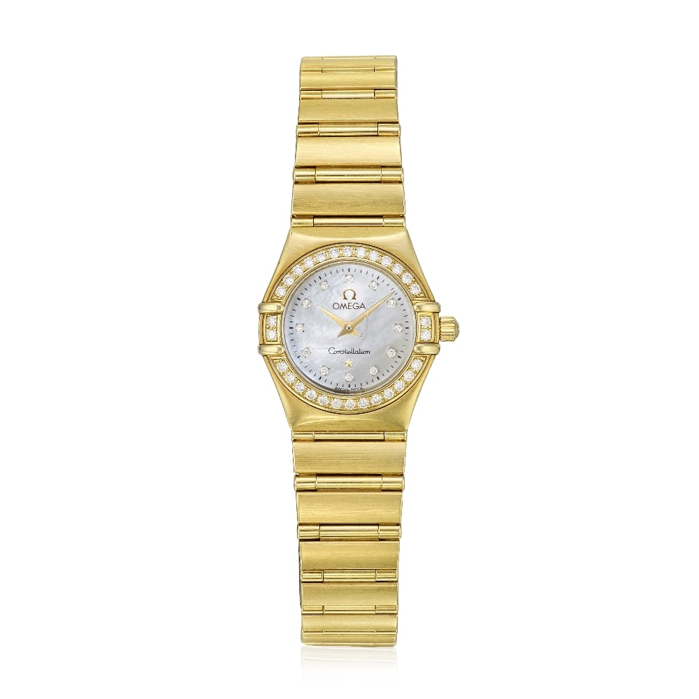 Omega. A lady's 18K gold diamond set quartz bracelet watch with mother of pearl dial Constellat...: Omega. A lady's 18K gold diamond set quartz bracelet watch with mother of pearl dial Model: Constellation Date: Circa 1998 Movement: Jewelled quartz Dial: Mother of pearl, applied diamond set hour mar