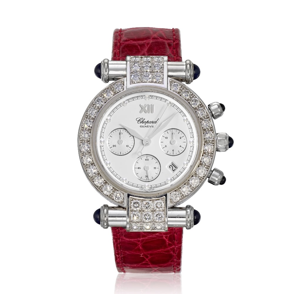 Chopard. An 18K white gold diamond set quartz calendar chronograph wristwatch Imperiale Chronog...: Chopard. An 18K white gold diamond set quartz calendar chronograph wristwatch Model: Imperiale Chronograph Reference: 1215 Date: Purchased 4th June 1997 Movement: Jewelled quartz Dial: Silvered, appli