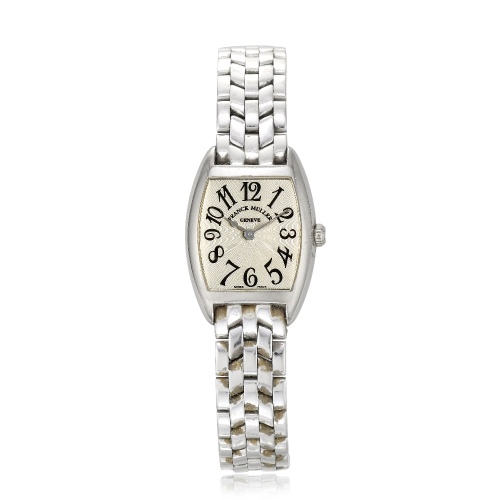 Franck Muller. A lady's 18K white gold quartz bracelet watch Ref: 2250 QZ, Circa 2010: Franck Muller. A lady's 18K white gold quartz bracelet watch Reference: 2250 QZ Date: Circa 2010 Movement: 5-jewel ETA quartz Dial: Guilloché engraved silvered, black Arabic numeral hour markers,