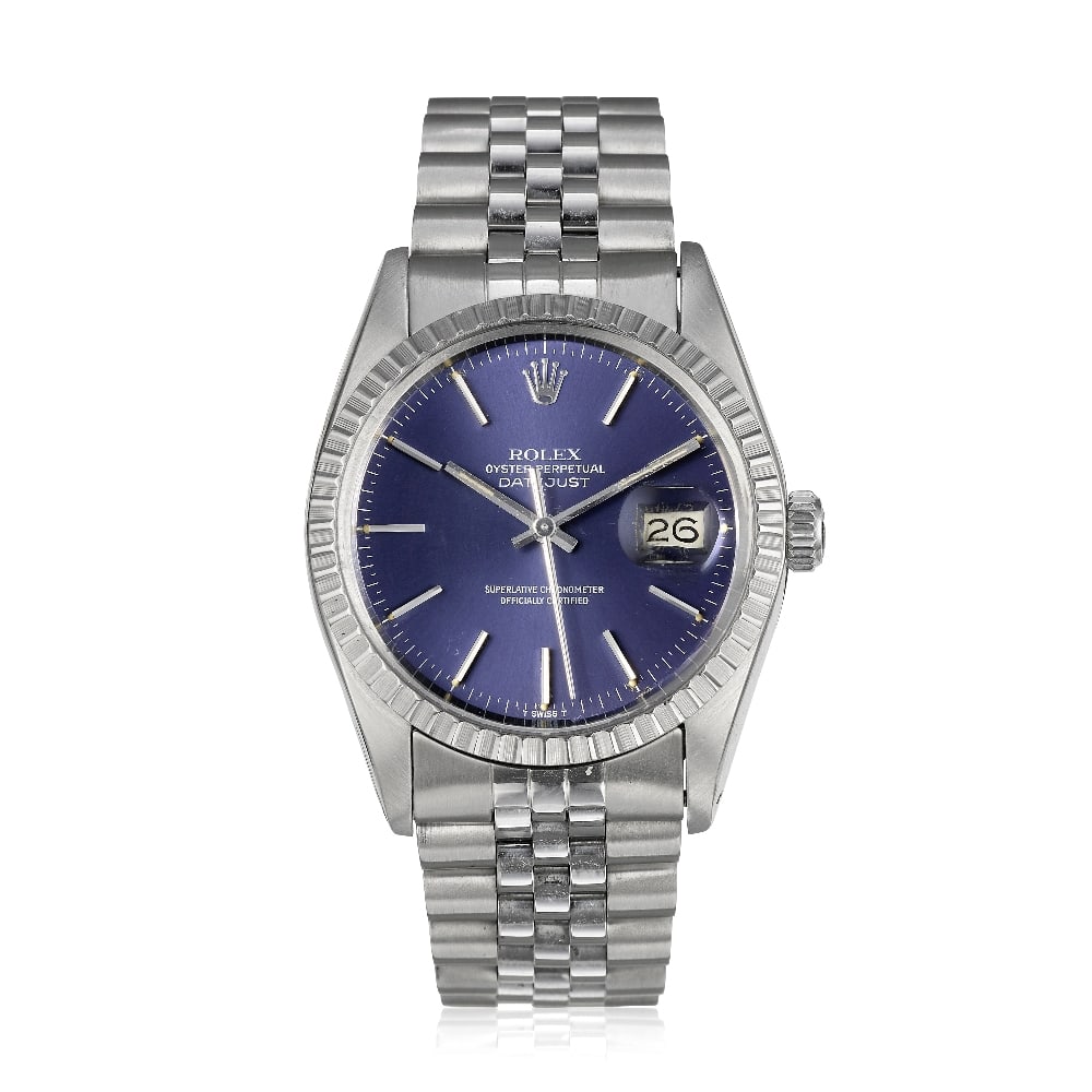 Rolex. A stainless steel automatic calendar bracelet watch Datejust, Ref: 16030, Circa 1978: Rolex. A stainless steel automatic calendar bracelet watch Model: Datejust Reference: 16030 Date: Circa 1978 Movement: 27-jewel Cal.3035 automatic, No.0144157 Dial: Blue, applied polished baton hour m